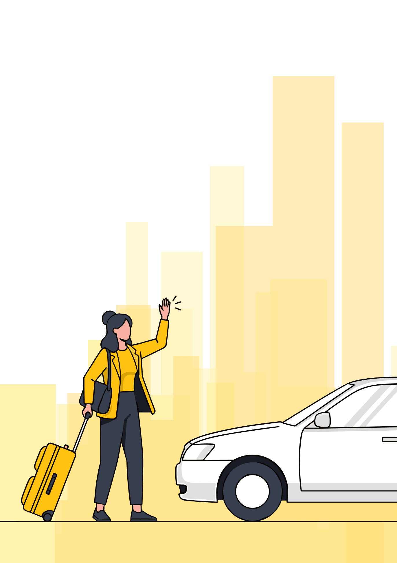 Illustration of a traveller hailing a Zippy cab on a city street